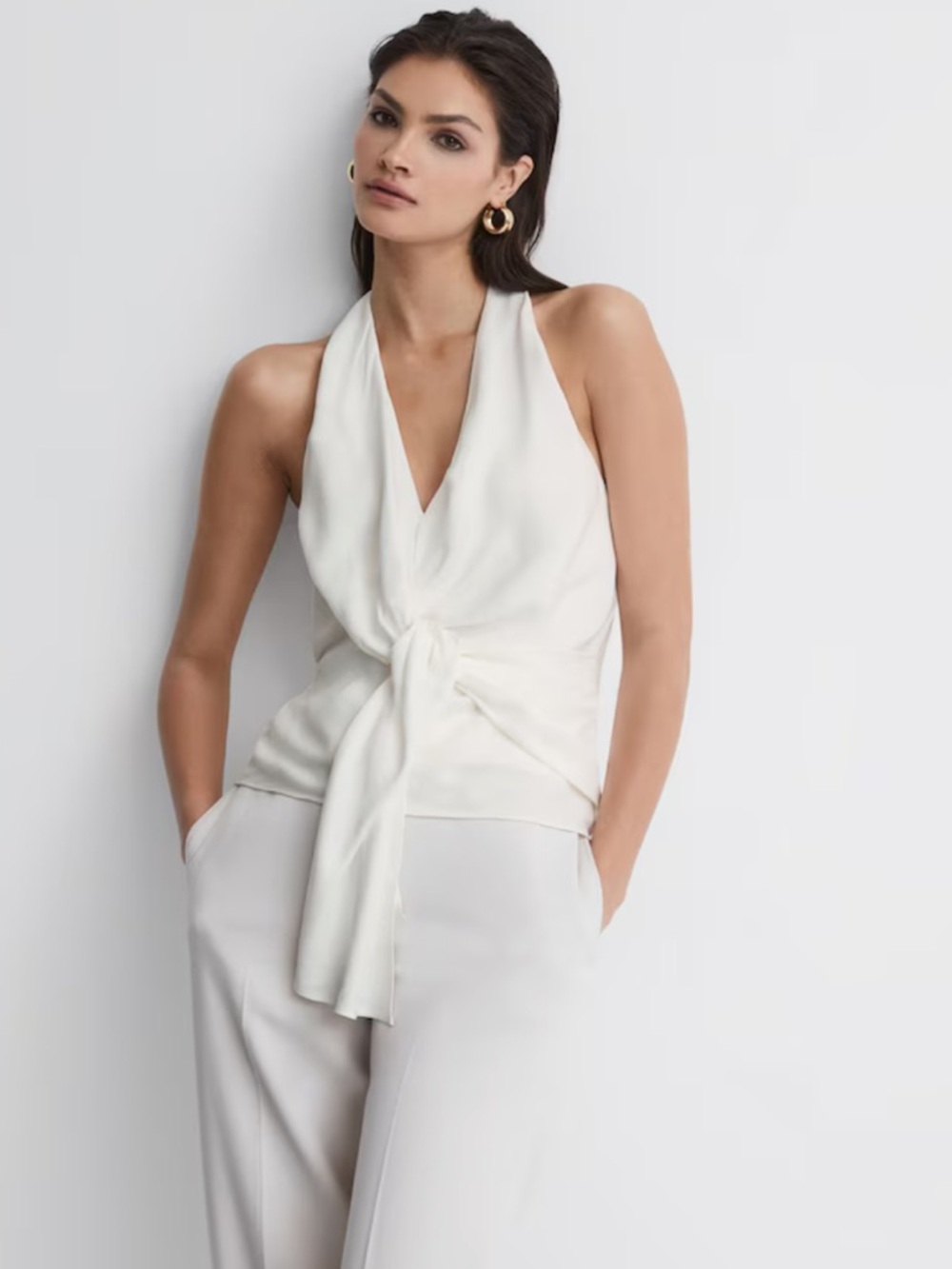 Reiss Freda Tie Halter Neck Blouse in Ivory
